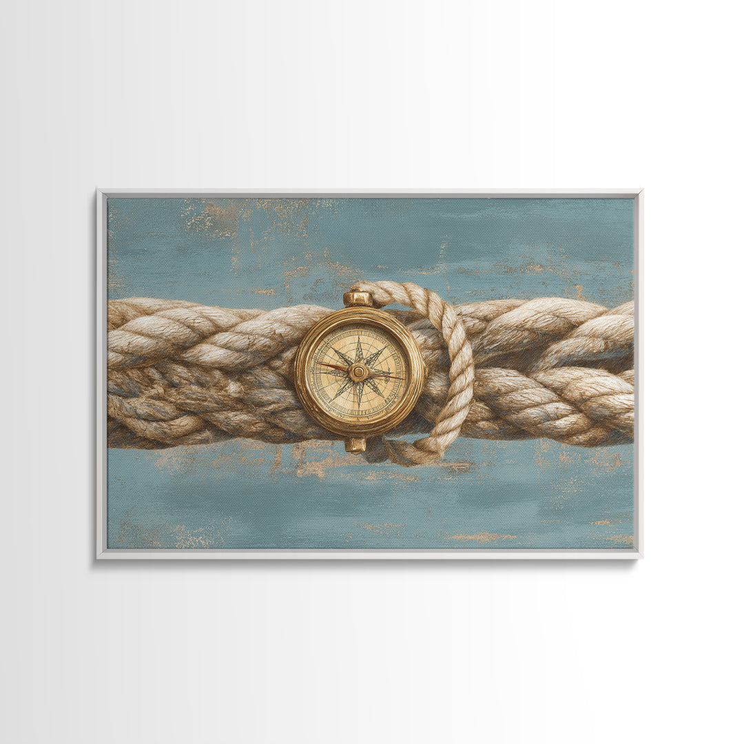 Weathered Nautical Rope and Brass Compass Canvas Print, Coastal Art, Oyster Art, Coastal Decor, Abstract Art, Coastal, COA-3x2-43