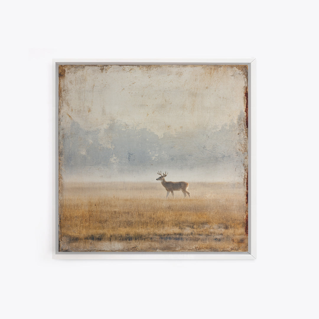 Deer Crossing a Misty Morning Field Framed Canvas Print, Country Art, Large Wall Art, Farmhouse Decor, Fine Art, Country, COU-1x1-11