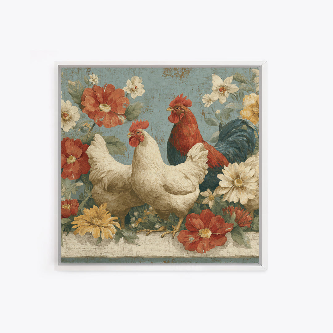 Chickens Pecking Near Garden Flowers Canvas Print, Country Art, Digital Art Prints, Farmhouse Decor, Fine Art, Country, COU-1x1-14