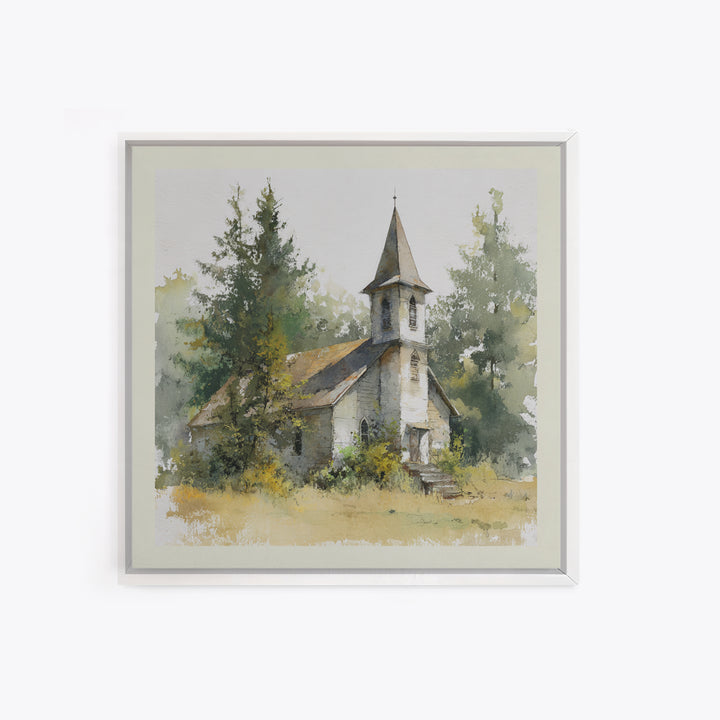 Country Church Steeple Beyond Trees Canvas Print, Country Art, Printable Art, Farmhouse Decor, Watercolor Art, Country, COU-1x1-19