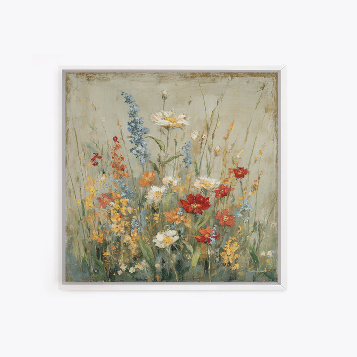 Wildflower Meadow Beside an Old Fence Framed Canvas Print, Country Art, Watercolor Painting, Farmhouse Decor, Oil Painting, COU-1x1-2