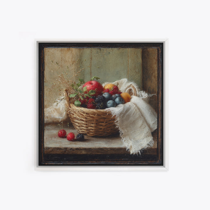 Blackberry Basket with Linen Cloth Framed Canvas Print, Country Art, French Country, Farmhouse Decor, Fine Art, Country, COU-1x1-21