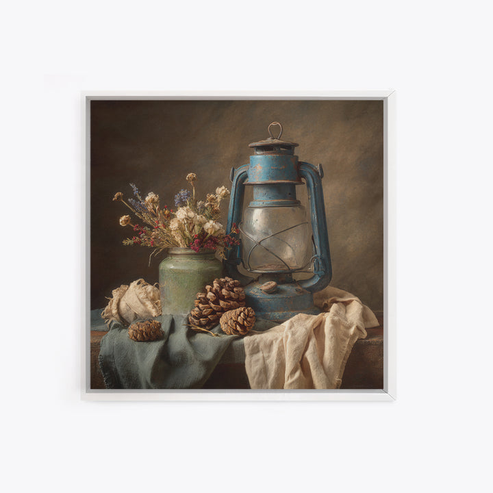 Old Lantern and Pinecones Still Life Framed Canvas Print, Country Art, Landscape Painting, Farmhouse Decor, Watercolor Art, COU-1x1-24
