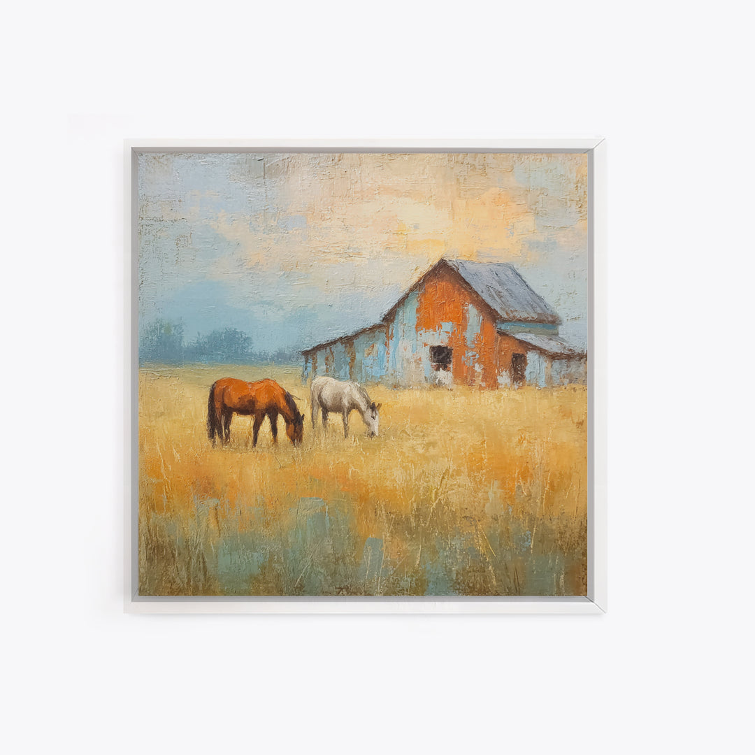 Rolling Pasture with Grazing Horses at Sunrise Canvas Print, Country Art, Neutral Decor, Farmhouse Decor, Fine Art, Country, COU-1x1-25