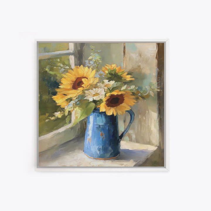 Sunflowers in a Blue Enamel Pitcher Framed Canvas Print, Country Art, Gallery Decor, Farmhouse Decor, Fine Art, Country, COU-1x1-32