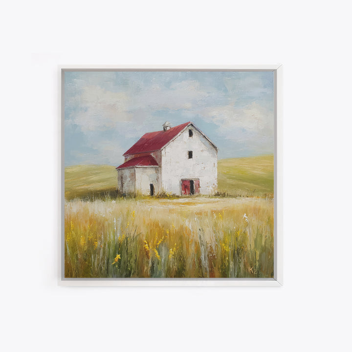 White Farmhouse Surrounded by Tall Grass Framed Canvas Print, Country Art, French Country, Farmhouse Decor, Watercolor Art, COU-1x1-34