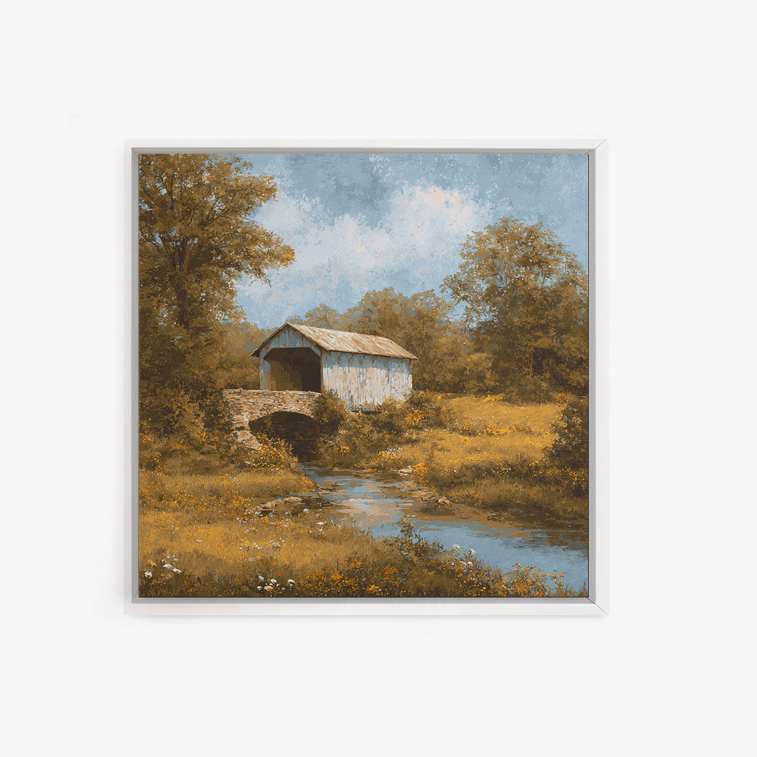 Covered Bridge over a Quiet Creek Framed Canvas Print, Country Art, Watercolor Painting, Farmhouse Decor, Fine Art, Country, COU-1x1-39