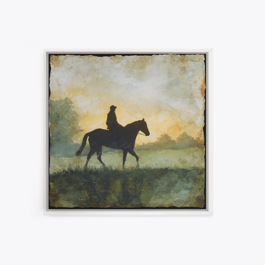 Horse and Rider Silhouette at Dusk Framed Canvas Print, Country Art, Gallery Decor, Farmhouse Decor, Fine Art, Country, COU-1x1-41