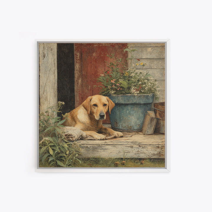 Dog Resting Beside a Porch Flower Pot Framed Canvas Print, Country Art, Landscape Painting, Farmhouse Decor, Oil Painting, COU-1x1-46