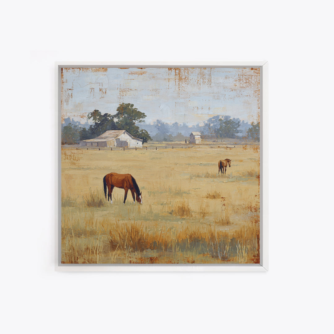 Rolling Pasture with Grazing Horses at Sunrise Canvas Print, Country Art, Neutral Decor, Farmhouse Decor, Fine Art, Country, COU-1x1-49