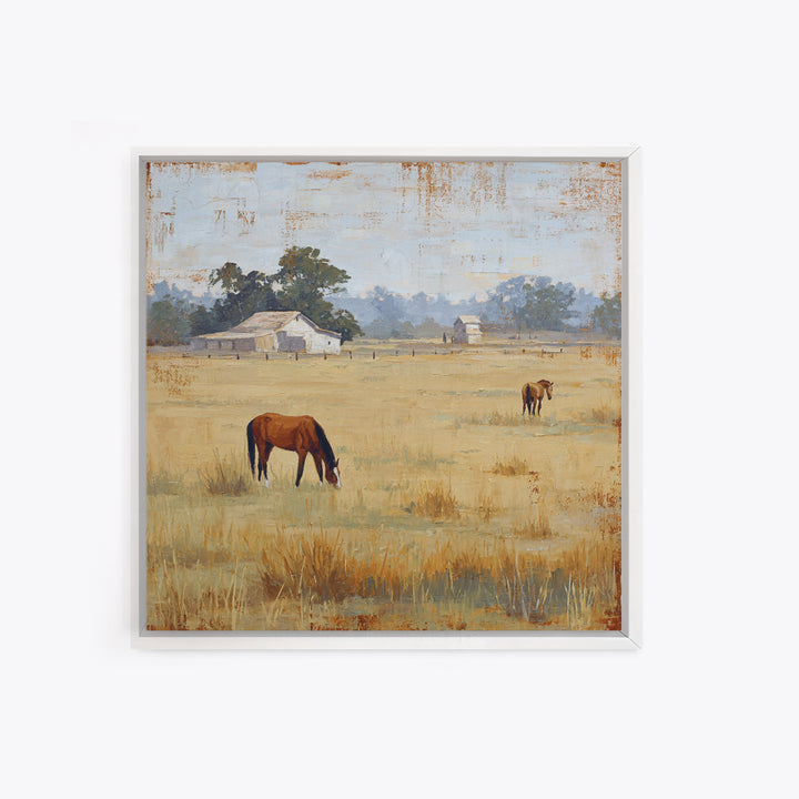 Rolling Pasture with Grazing Horses at Sunrise Canvas Print, Country Art, Neutral Decor, Farmhouse Decor, Fine Art, Country, COU-1x1-49