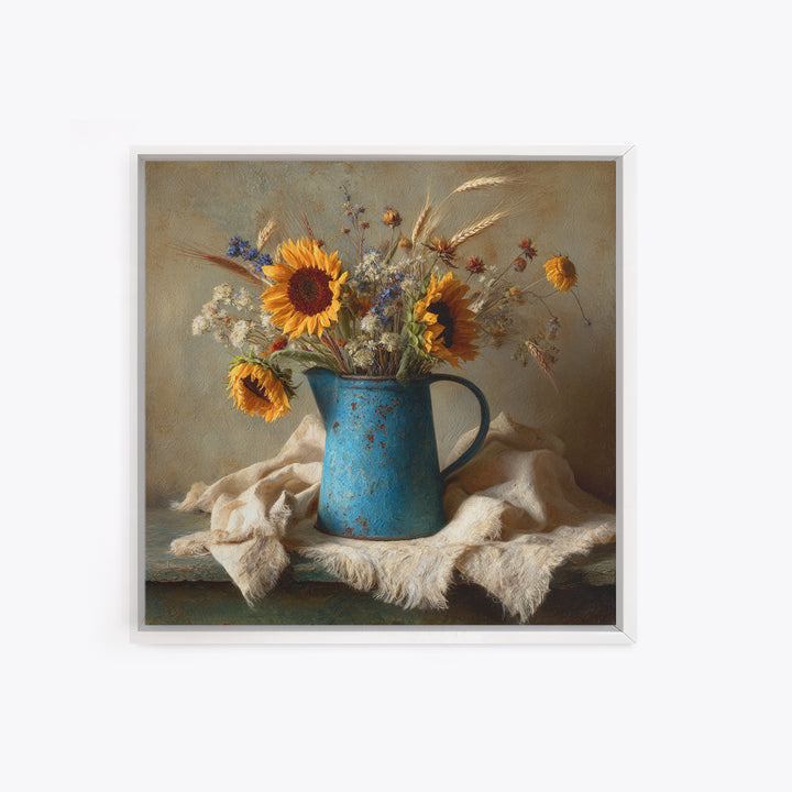 Sunflowers in a Blue Enamel Pitcher Framed Canvas Print, Country Art, Digital Wall Art, Farmhouse Decor, Fine Art, Country, COU-1x1-56