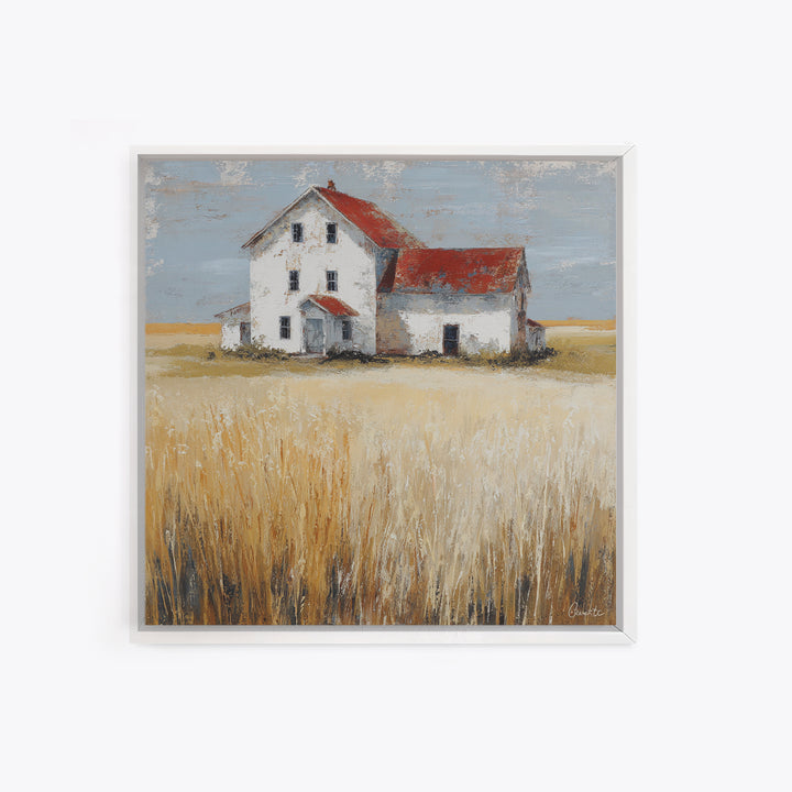 White Farmhouse Surrounded by Tall Grass Framed Canvas Print, Country Art, French Country, Farmhouse Decor, Watercolor Art, COU-1x1-58