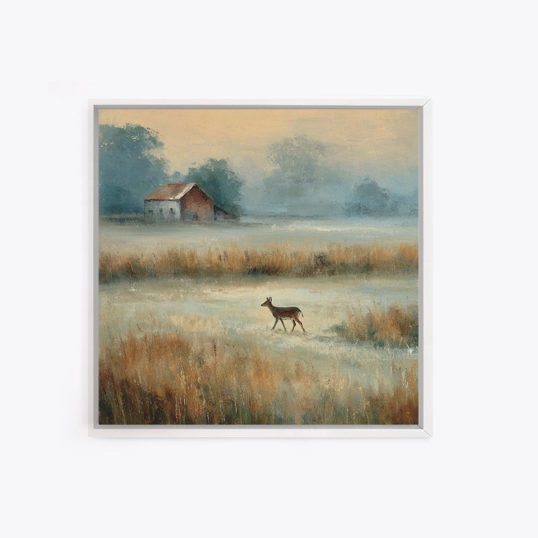 Deer Crossing a Misty Morning Field Canvas Print, Country Art, Landscape Wall Art, Farmhouse Decor, Fine Art, Country, COU-1x1-59