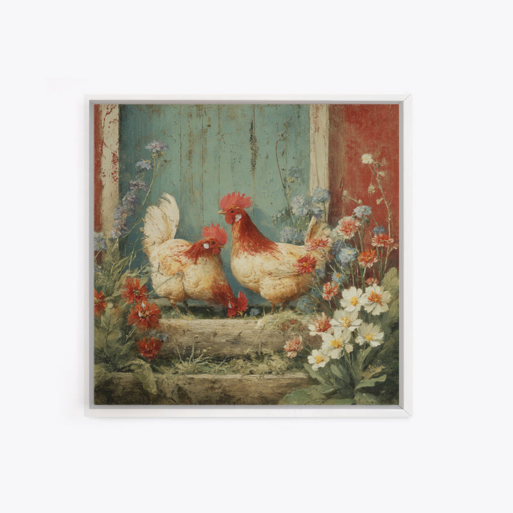 Chickens Pecking Near Garden Flowers Framed Canvas Print, Country Art, Farmhouse Wall Art, Farmhouse Decor, Fine Art, Country, COU-1x1-62