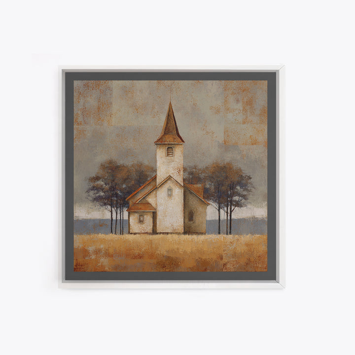 Country Church Steeple Beyond Trees Framed Canvas Print, Country Art, Gallery Decor, Farmhouse Decor, Fine Art, Country, COU-1x1-67