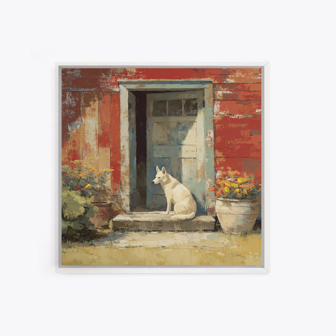 Dog Resting Beside a Porch Flower Pot Framed Canvas Print, Country Art, Landscape Painting, Farmhouse Decor, Oil Painting, COU-1x1-70