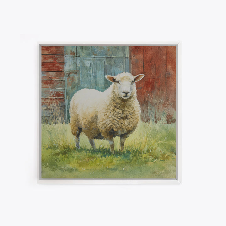 Watercolor Sheep in a Green Pasture Framed Canvas Print, Country Art, French Country, Farmhouse Decor, Fine Art, Country, COU-1x1-71