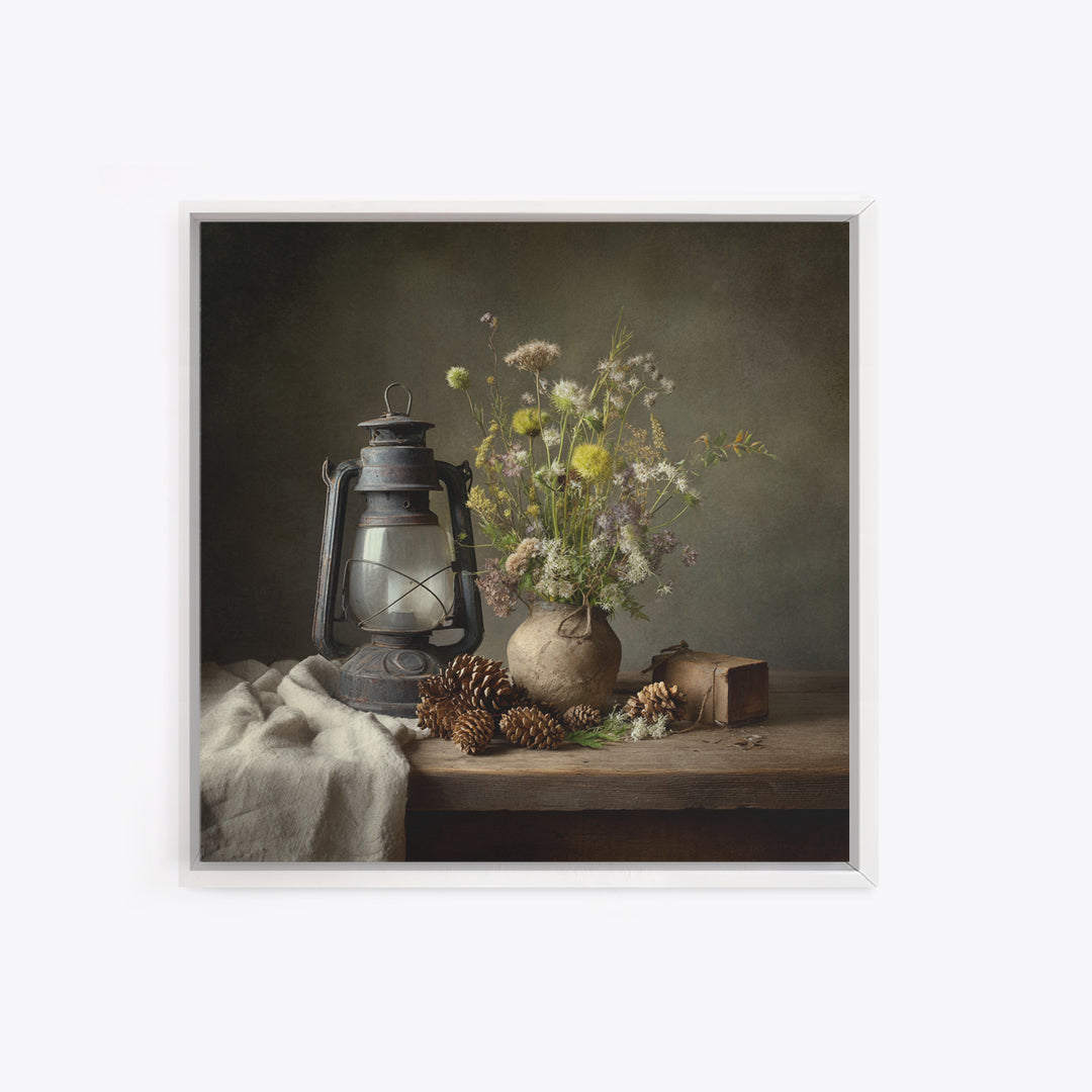 Old Lantern and Pinecones Still Life Framed Canvas Print, Country Art, French Country Decor, Farmhouse Decor, Abstract Art, COU-1x1-72