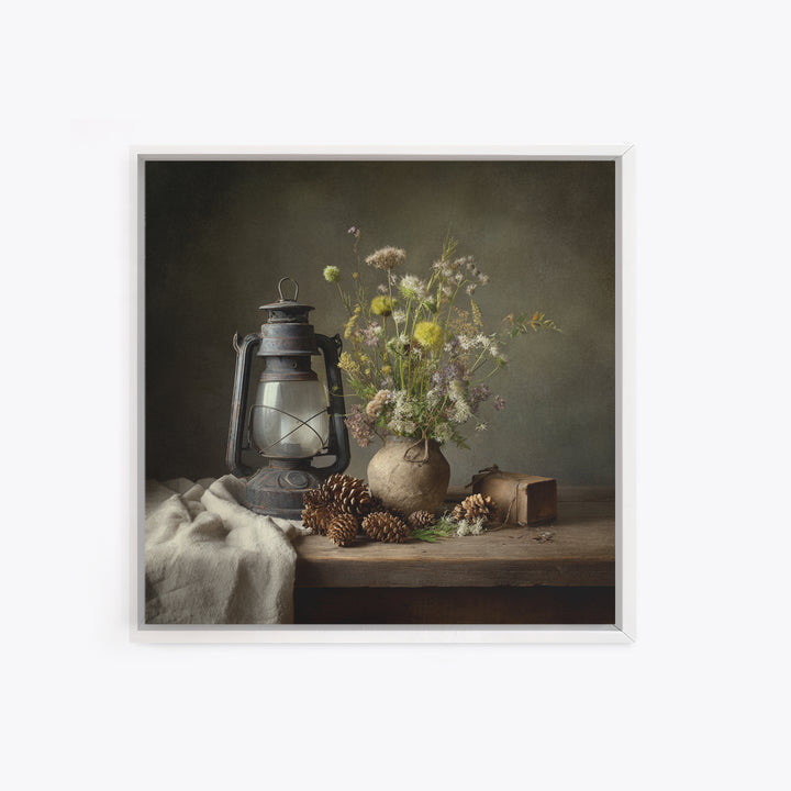 Old Lantern and Pinecones Still Life Framed Canvas Print, Country Art, French Country Decor, Farmhouse Decor, Abstract Art, COU-1x1-72