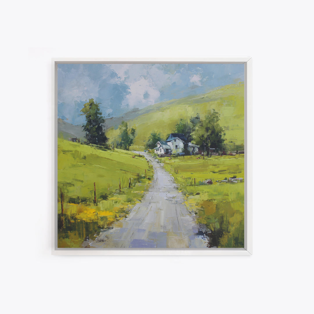 Country Road Disappearing into Green Hills Framed Canvas Print, Country Art, Modern Decor, Farmhouse Decor, Oil Painting, COU-1x1-79