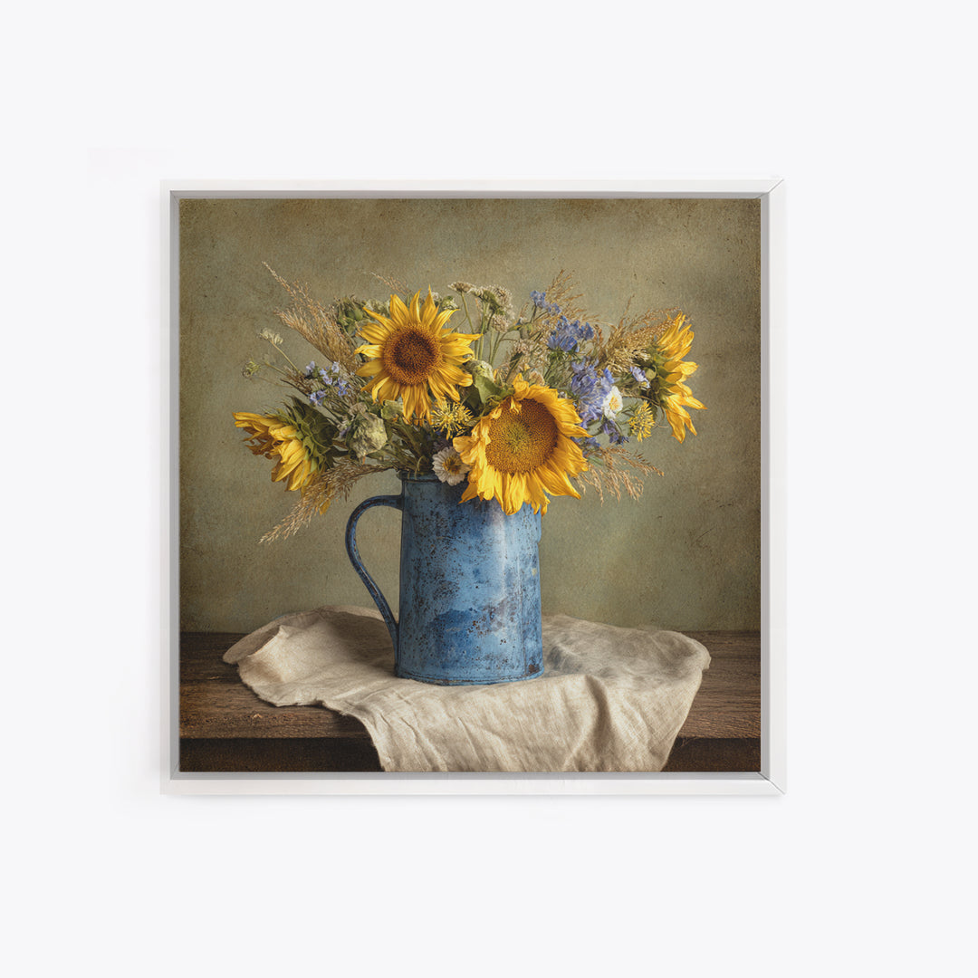 Sunflowers in a Blue Enamel Pitcher Framed Canvas Print, Country Art, Original Painting, Farmhouse Decor, Oil Painting, Country, COU-1x1-8