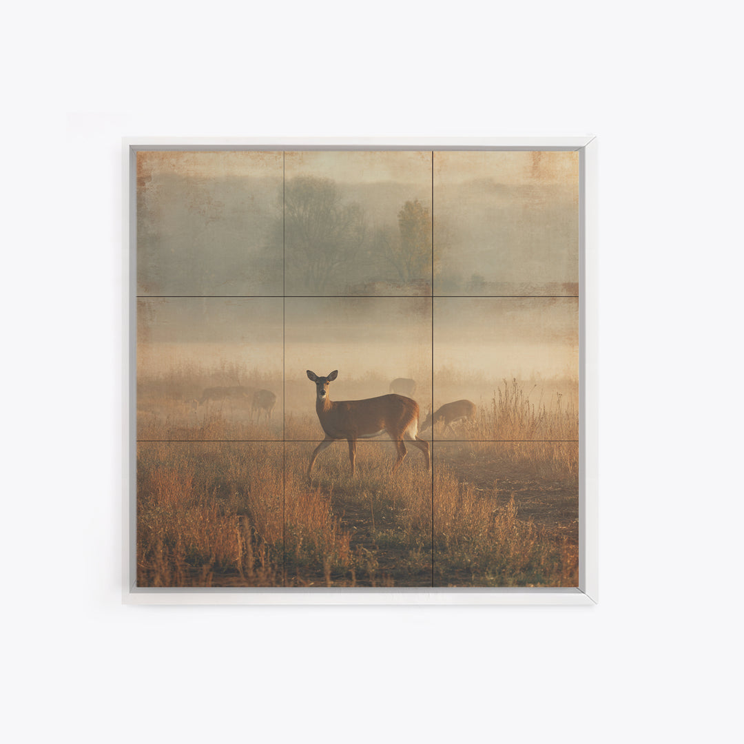 Deer Crossing a Misty Morning Field Framed Canvas Print, Country Art, Fine Art Print, Farmhouse Decor, Fine Art, Country, COU-1x1-83