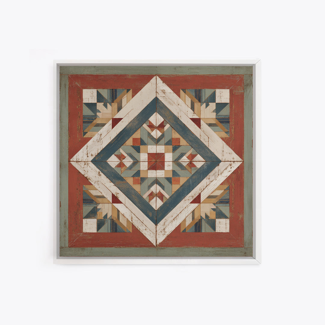 Quilt Geometric Folk Pattern Framed Canvas Print, Country Art, French Country, Farmhouse Decor, Fine Art, Country, Luxury Decor, COU-1x1-84