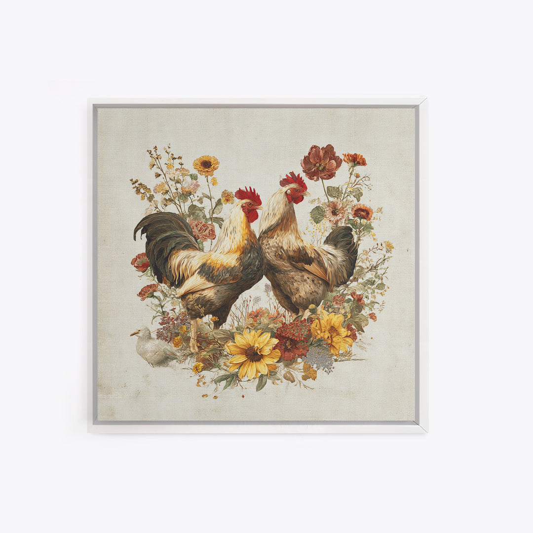 Chickens Pecking Near Garden Flowers Canvas Print, Country Art, Neutral Decor, Farmhouse Decor, Oil Painting, Country, COU-1x1-86