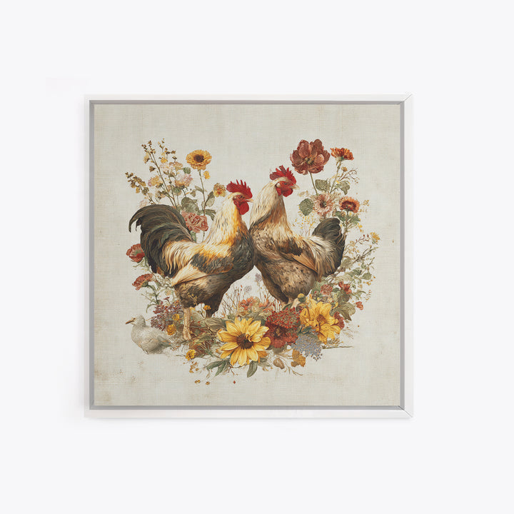 Chickens Pecking Near Garden Flowers Canvas Print, Country Art, Neutral Decor, Farmhouse Decor, Oil Painting, Country, COU-1x1-86