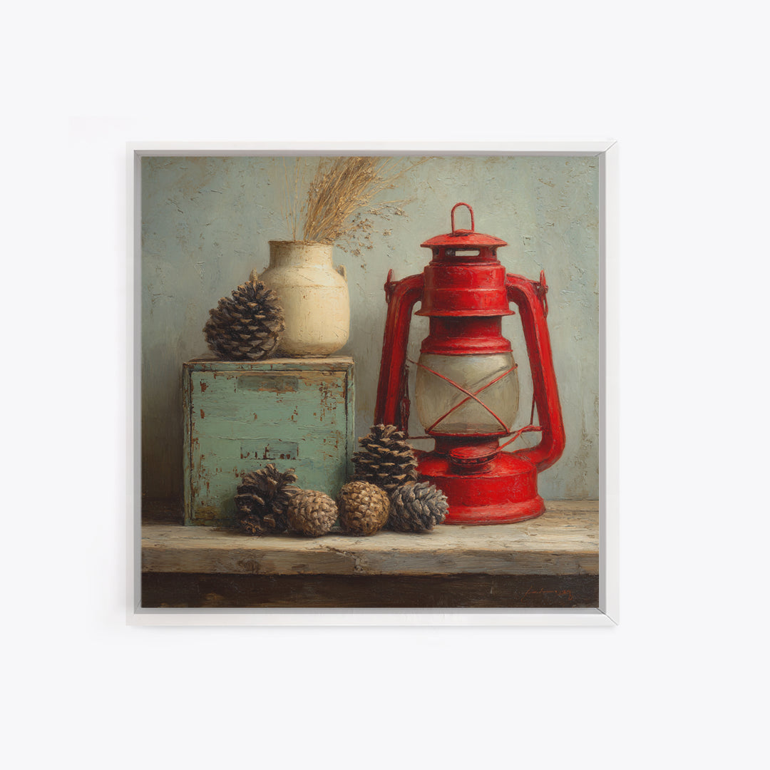 Old Lantern and Pinecones Still Life Framed Canvas Print, Country Art, Digital Prints, Farmhouse Decor, Fine Art, Country, COU-1x1-96