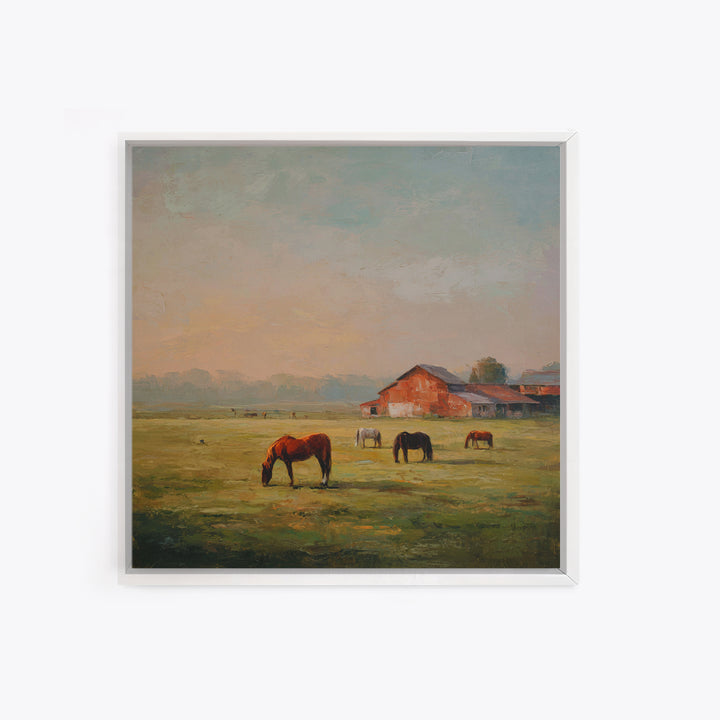 Rolling Pasture with Grazing Horses at Sunrise Canvas Print, Country Art, Wall Art, Farmhouse Decor, Oil Painting, Country, COU-1x1-97