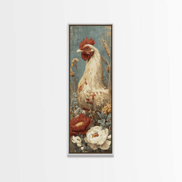 Chickens Pecking Near Garden Flowers Canvas Print, Country Art, Landscape Painting, Farmhouse Decor, Watercolor Art, Country, COU-1x3-2