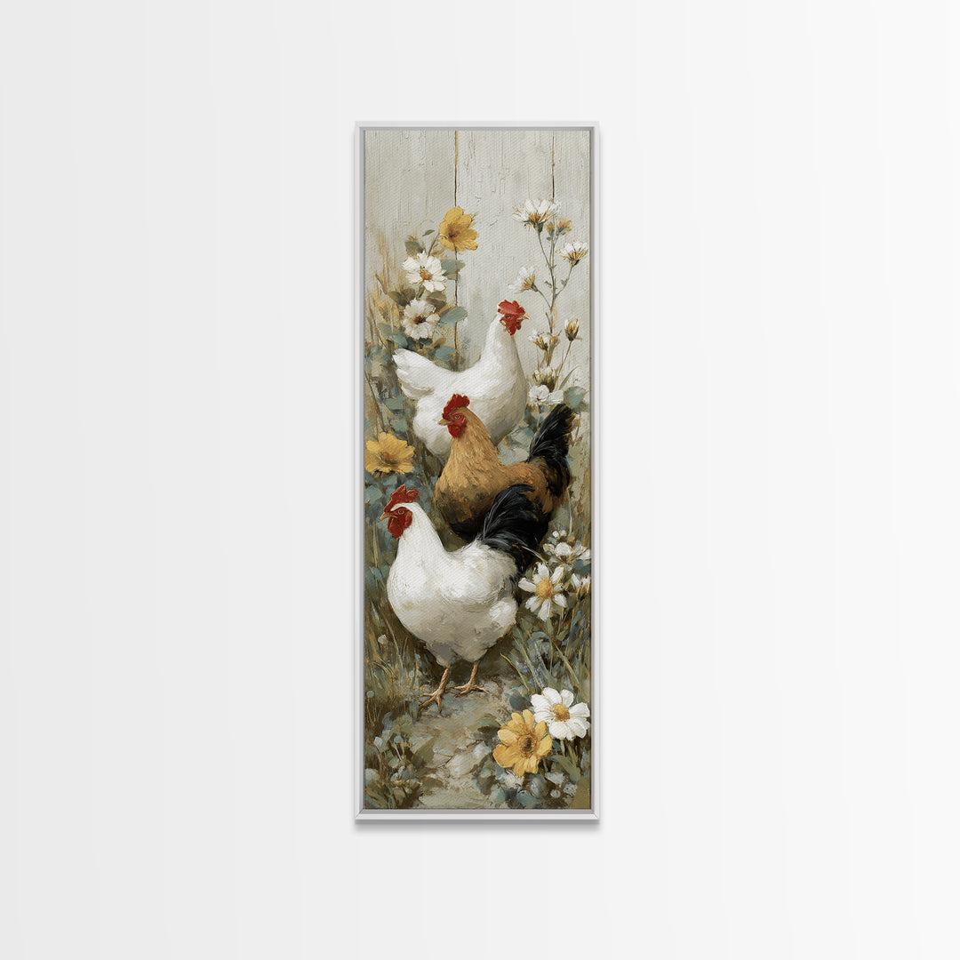 Chickens Pecking Near Garden Flowers Canvas Print, Country Art, Landscape Painting, Farmhouse Decor, Watercolor Art, Country, COU-1x3-26
