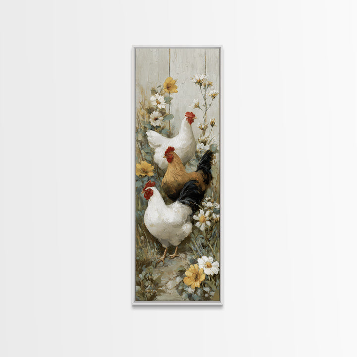 Chickens Pecking Near Garden Flowers Canvas Print, Country Art, Landscape Painting, Farmhouse Decor, Watercolor Art, Country, COU-1x3-26