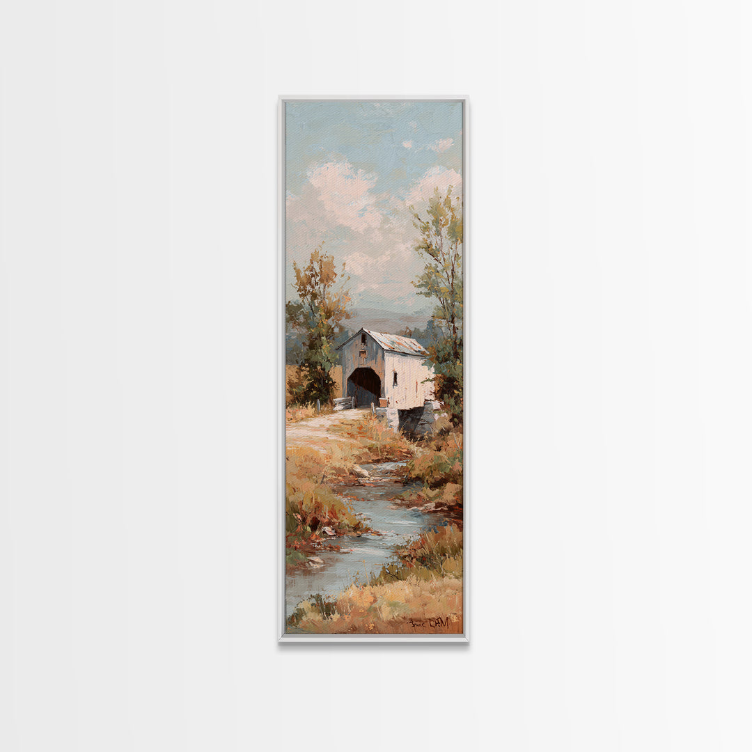 Covered Bridge over a Quiet Creek Canvas Print, Country Art, Digital Prints, Farmhouse Decor, Oil Painting, Country, COU-1x3-27