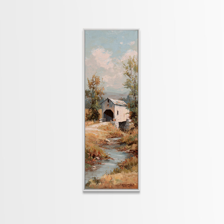 Covered Bridge over a Quiet Creek Canvas Print, Country Art, Digital Prints, Farmhouse Decor, Oil Painting, Country, COU-1x3-27