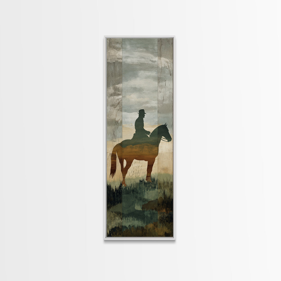 Horse and Rider Silhouette at Dusk Framed Canvas Print, Country Art, Neutral Decor, Farmhouse Decor, Fine Art, Country, COU-1x3-29