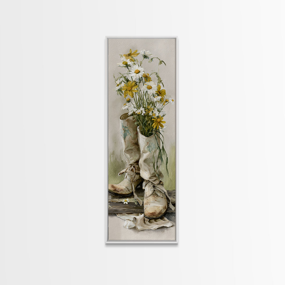 Weathered Boots with Wildflowers Tucked Inside Framed Canvas Print, Country Art, Modern Decor, Farmhouse Decor, Oil Painting, COU-1x3-4
