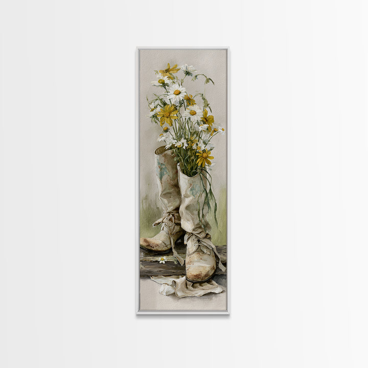 Weathered Boots with Wildflowers Tucked Inside Framed Canvas Print, Country Art, Modern Decor, Farmhouse Decor, Oil Painting, COU-1x3-4
