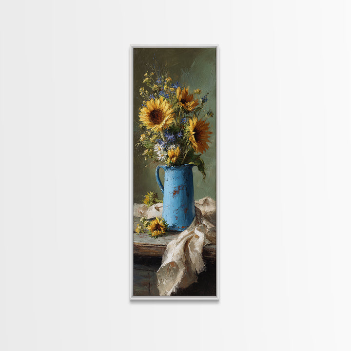 Sunflowers in a Blue Enamel Pitcher Canvas Print, Country Art, Contemporary Art, Farmhouse Decor, Oil Painting, Country, COU-1x3-44