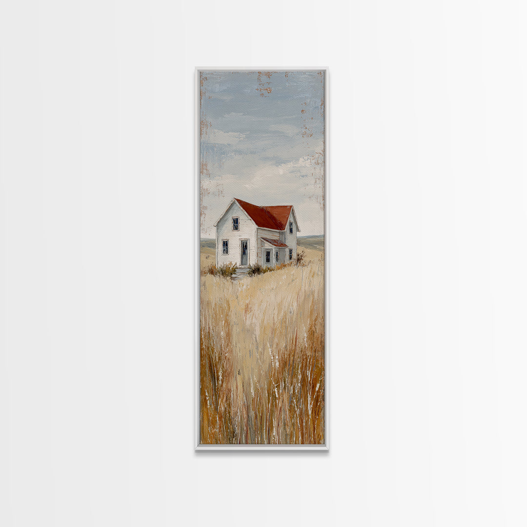 White Farmhouse Surrounded by Tall Grass Framed Canvas Print, Country Art, Gallery Wall Art, Farmhouse Decor, Fine Art, Country, COU-1x3-46