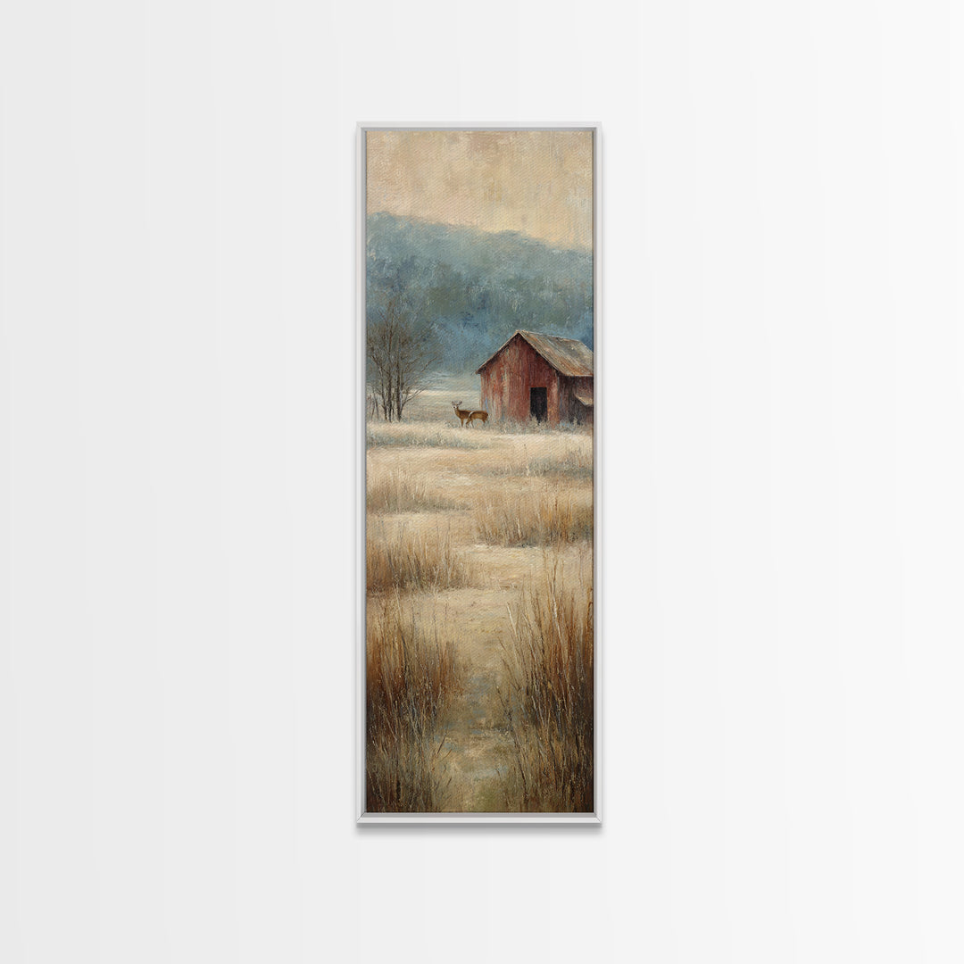 Deer Crossing a Misty Morning Field Framed Canvas Print, Country Art, Oil Painting, Farmhouse Decor, Fine Art, Country, COU-1x3-47
