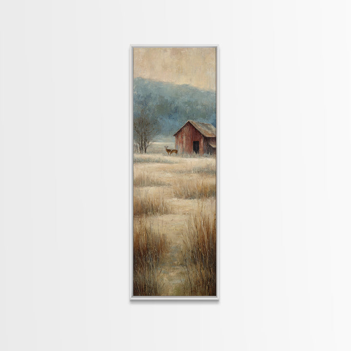 Deer Crossing a Misty Morning Field Framed Canvas Print, Country Art, Oil Painting, Farmhouse Decor, Fine Art, Country, COU-1x3-47