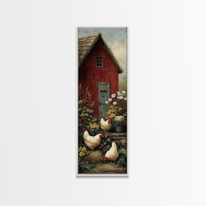 Chickens Pecking Near Garden Flowers Framed Canvas Print, Country Art, Landscape Wall Art, Farmhouse Decor, Watercolor Art, COU-1x3-50