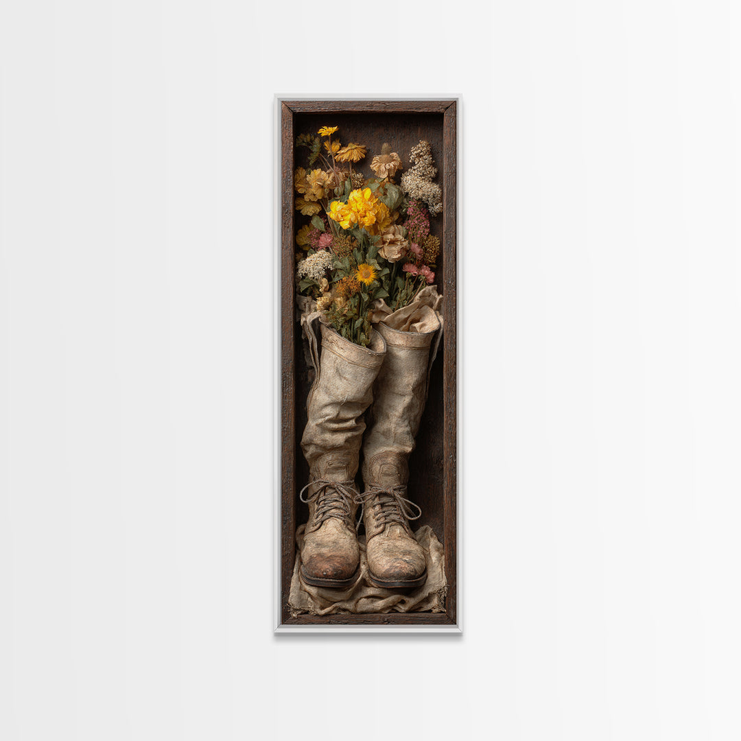 Weathered Boots with Wildflowers Tucked Inside Framed Canvas Print, Country Art, Farmhouse Decor, Watercolor Art, Country, COU-1x3-52