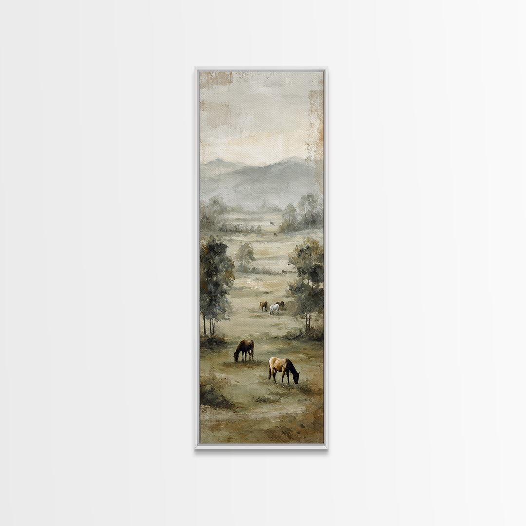 Rolling Pasture with Grazing Horses at Sunrise Framed Canvas Print, Country Art, Textured Painting, Farmhouse Decor, Country, COU-1x3-61