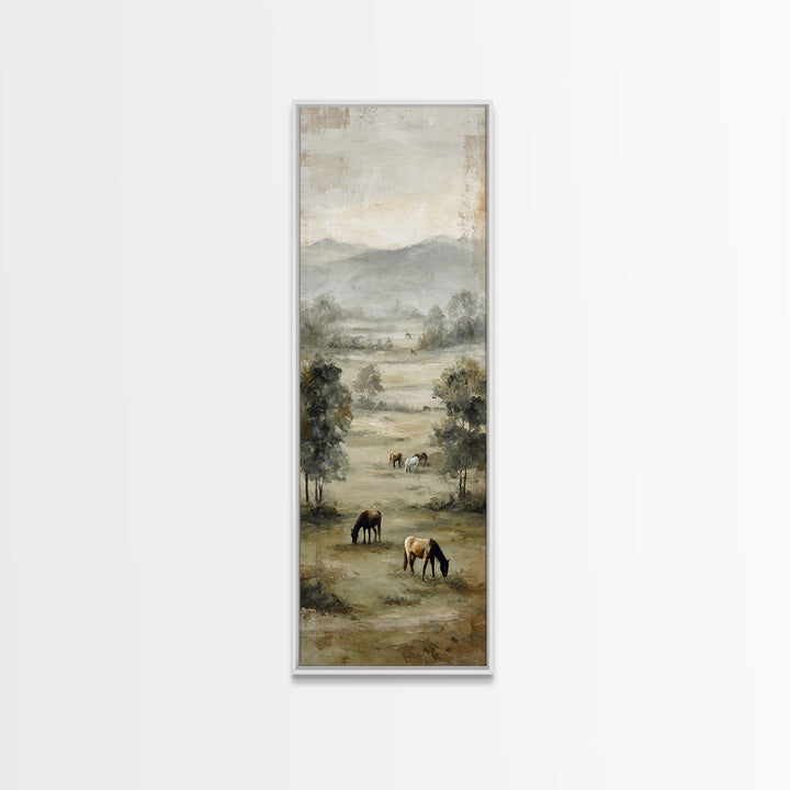 Rolling Pasture with Grazing Horses at Sunrise Framed Canvas Print, Country Art, Textured Painting, Farmhouse Decor, Country, COU-1x3-61