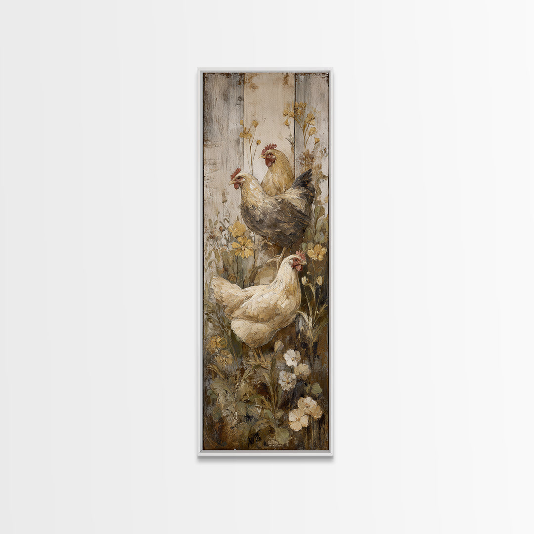 Chickens Pecking Near Garden Flowers Framed Canvas Print, Country Art, Landscape Wall Art, Farmhouse Decor, Watercolor Art, COU-1x3-74