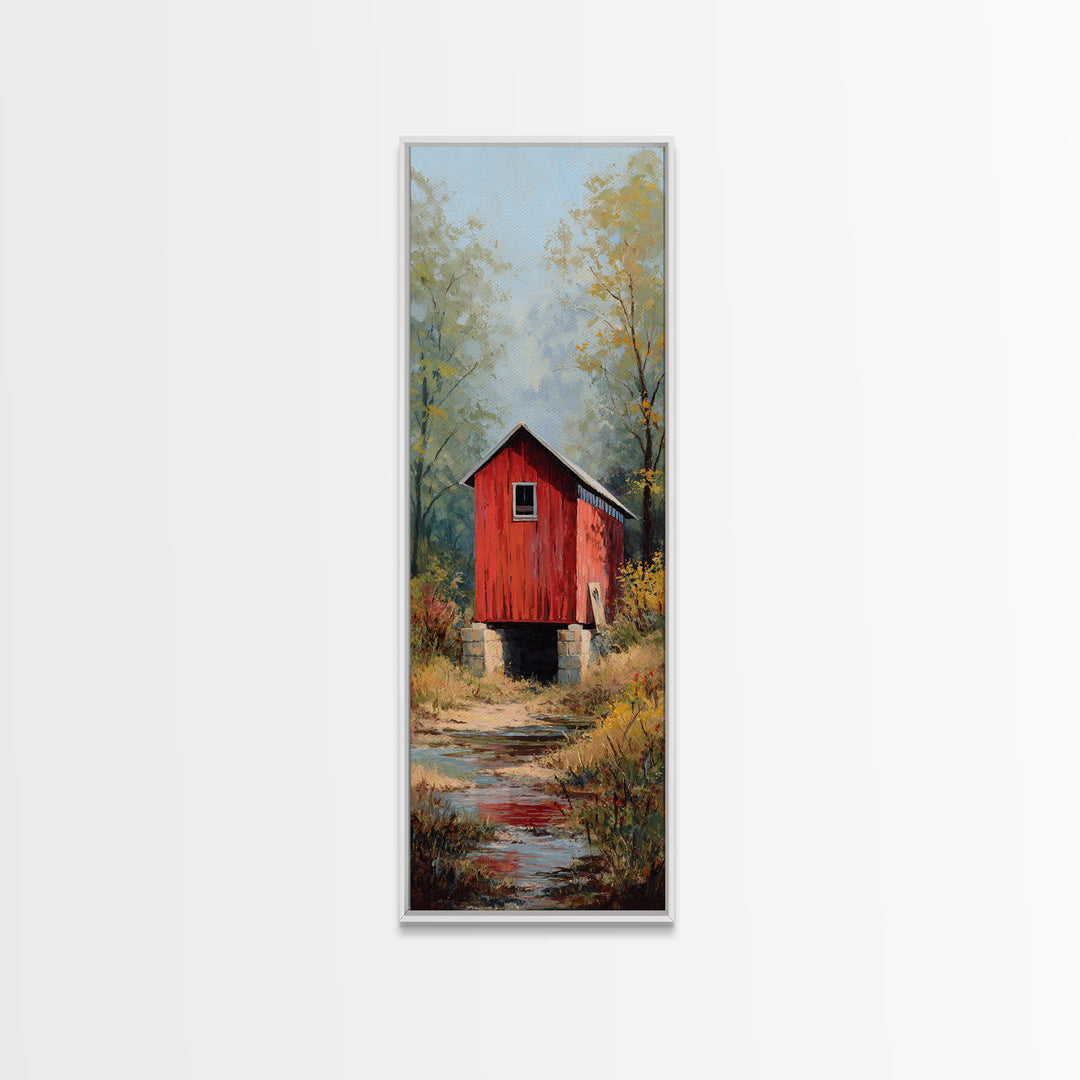 Covered Bridge over a Quiet Creek Framed Canvas Print, Country Art, Digital Art Prints, Farmhouse Decor, Fine Art, Country, COU-1x3-75